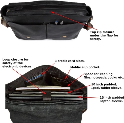 Miniatura 4 de Bolso de cuero real para computadora portátil, para hombres y mujeres, estilo vintage, estilo mensajero, bolso de hombro hasta 16 pulgadas