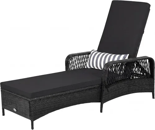 Miniatura 13 de HAPPYGRILL Sillón reclinable de ratán de polietileno para exteriores, tumbona para patio con almohada de cintura extra, silla reclinable con 6 Marrón