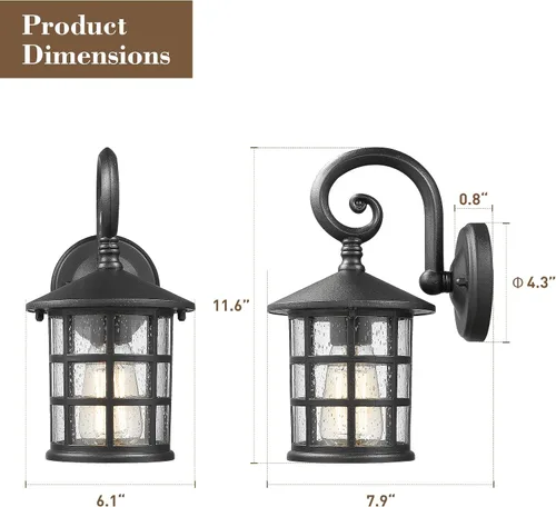 Miniatura 6 de Emliviar XE222B-2PK BK - Luces de pared exteriores para casa, vidrio sembrado en acabado negro, paquete de 2