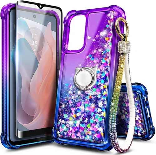 Miniatura 16 de Funda compatible con Samsung Galaxy S24-FE Aqua/Purple Funda líquida flotante con purpurina linda con protector de pantalla de vidrio templado