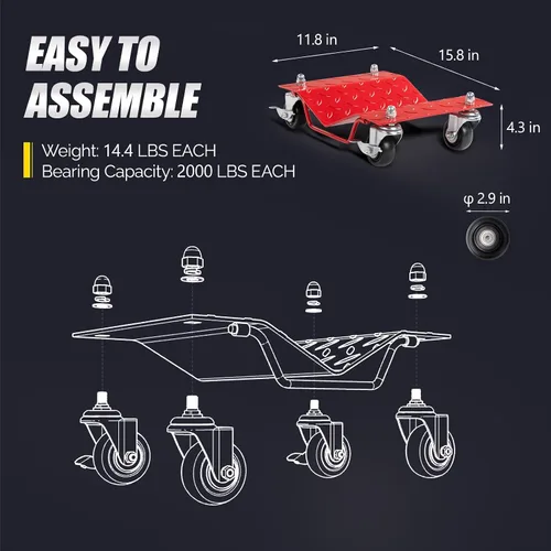 Miniatura 6 de TUFFIOM Juego de 4 carros para automóvil, 8000 libras de capacidad, carrito de vehículos resistentes, patines de neumáticos de acero con frenos