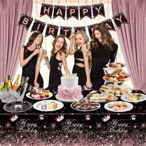 Miniatura 2 de Mantel de plástico color oro rosa negro (paquete de 4), 86 x 51 pulgadas, manteles para fiesta de cumpleaños y fiesta de boda de niñas y mujeres