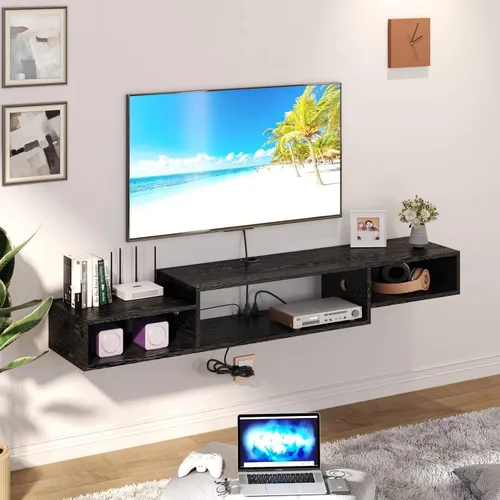 Miniatura 8 de 4 EVER WINNER Soporte flotante para TV con toma de corriente, estante flotante de TV de 59 pulgadas con luces LED y almacenamiento, centro