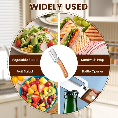 Miniatura 7 de 2026 Nuevo pelador multifuncional de verduras para cocina, con mango de madera y abridor de botellas, hoja de acero inoxidable ultra afilada