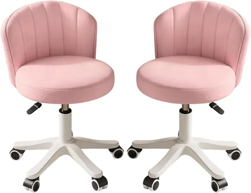 Miniatura 17 de Silla Pequeña Redonda de Escritorio con Ruedas Sin Brazos Cómoda Silla de Tocador para Computadora con Respaldo Bajo de Cuero PU Altura Ajustable