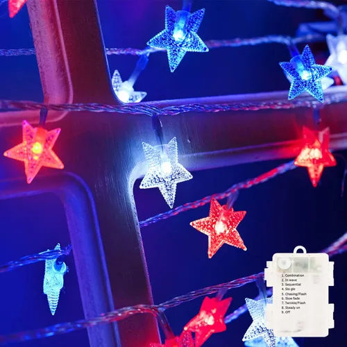 Miniatura 9 de Luces solares rojas, blancas y azules, 4 de julio, tira de luces de estrella decorativa con 100 luces LED solares de jardín, 51 pies, impermeables
