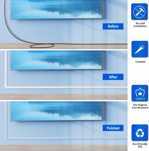 Miniatura 4 de Ocultacables de Pared para Un Cable, Cubiertas de Cable de Pared de 136 pulgadas, Kit de Cubierta de Cable de Instalación Fácil, Canaleta de Cables