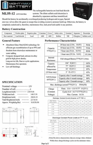 Miniatura 7 de Mighty Max Battery ML55-12 - Batería SLA de 12V 55AH - Paquete de 2