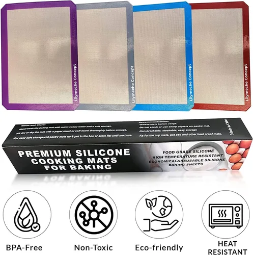 Miniatura 4 de Tapete de silicona para hornear (4 unidades, mediano), sin BPA, antiadherente, profesional, reutilizable, resistente al calor, media hoja