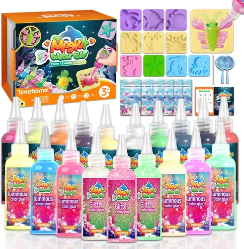 Timetome Kit de Juguete Elfo de Agua Mágico para Niños – 20 Geles (11 Normales + 6 Brillantes + 3 con Purpurina) y 10 Moldes Fabricante de Squishy