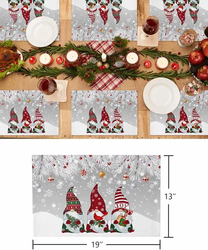 Miniatura 6 de Juego de 1 mantel individual gris de Navidad, manteles individuales de enanos de invierno y cardenales antideslizantes, manteles individuales