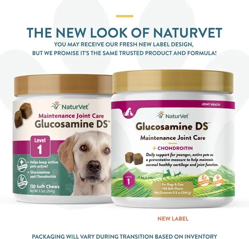Miniatura 2 de NaturVet Glucosamina DS Nivel 1 Mantenimiento, Suplemento de apoyo para el cuidado de las articulaciones para perros y gatos, masticables suaves