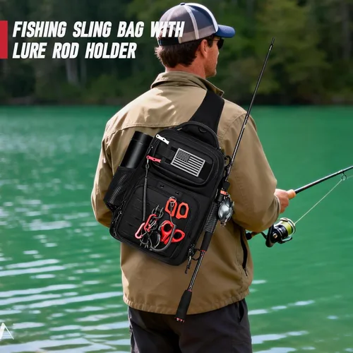 Miniatura 6 de Bolsa de pesca con soporte de caña de pescar, calcomanías fijas, sistema MOLLE, cebo suave y almacenamiento de equipos, regalo para hombres, negro