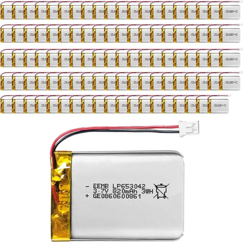EEMB Paquete de 100 baterías de polímero de litio 3.7 V 820 mAh 653042 Lipo batería recargable con conector JST de cable para altavoz y dispositivo
