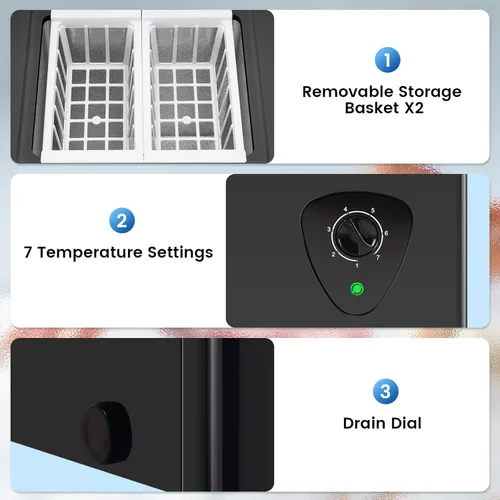 Miniatura 4 de WANAI Congelador de pecho de 2.2 pies cúbicos con 2 cestas extraíbles, mini congelador profundo, termostato ajustable de 7 con puerta superior Negro