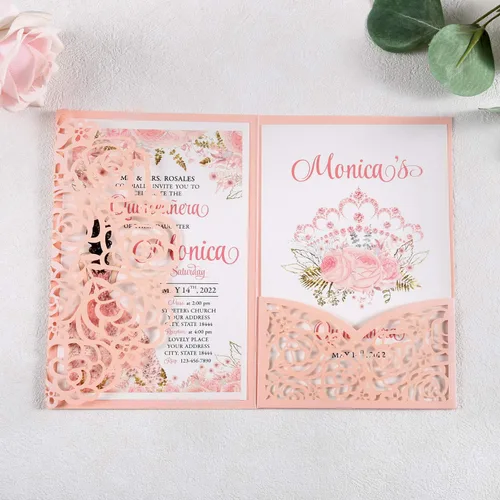 Miniatura 4 de Juego de 50 invitaciones de quinceañera rosa personalizadas de 4.7 x 7 pulgadas, cortadas con láser, tarjetas de invitación de quinceañera