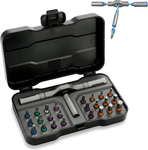 Juego de destornilladores de trinquete magnéticos 24 en 1 | Kit de herramientas de reparación de precisión con mango en T desmontable | Portátil