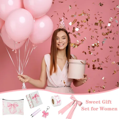 Miniatura 6 de Coquette - Juego de regalo de lazo rosa con taza de lazo, bolsa de maquillaje preparada, cuaderno de lazo, accesorios de llavero, regalos temáticos