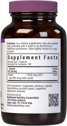 Miniatura 2 de Bluebonnet Nutrición ácido fólico 800mcg, desarrollo neurológico saludable, sin soja, lácteos y gluten, sin OMG, certificado Kosher, vegano