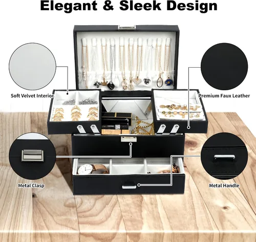 Miniatura 7 de Dajasan Cajas de joyería para mujeres y niñas, caja organizadora de joyas, 3 capas, organizador de almacenamiento de joyas para aretes, anillos