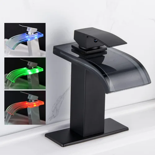 Miniatura 7 de Grifo de baño de cascada LED negro, grifo de lavabo de baño, 1 agujero, juego central de 4 pulgadas Negro mate