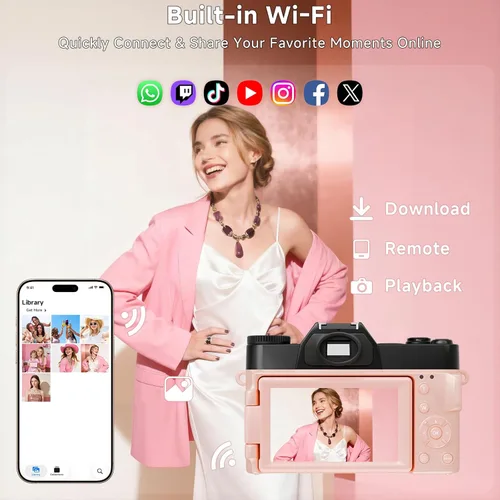Miniatura 5 de Cámara digital 6K para fotografía con enfoque automático, cámara de videoblogs WiFi de 64MP para YouTube con pantalla giratoria de 3" 180°, zoom Rosa