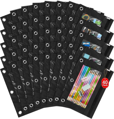 Miniatura 6 de IKAYAS Paquete de 5 bolsas negras para lápices de 3 anillos con cremallera a granel, 3 bolsas de lápices para carpetas de anillos, estuche