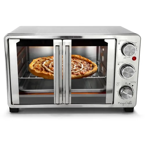 MegaChef Horno Tostador Eléctrico Multifunción de Acero Inoxidable con Puerta Francesa de 26.4 Cuartos con Control de Temperatura y Temporizador y