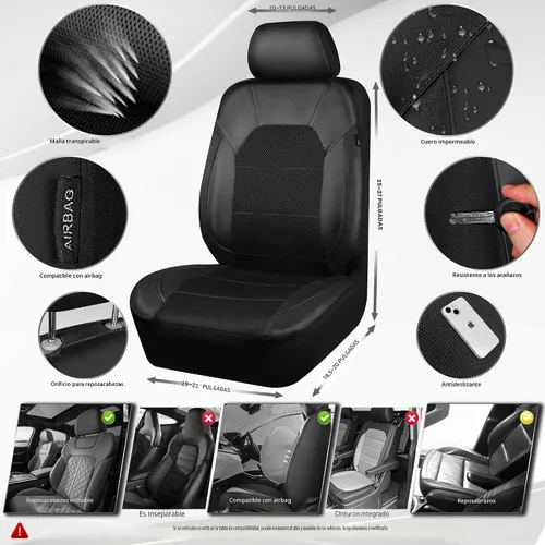 Miniatura 2 de CAR PASS Fundas de asientos de automóvil de cuero y malla de aire 3D, ajuste universal, para sedanes, camiones, SUV, compatibles con airbag, diseño