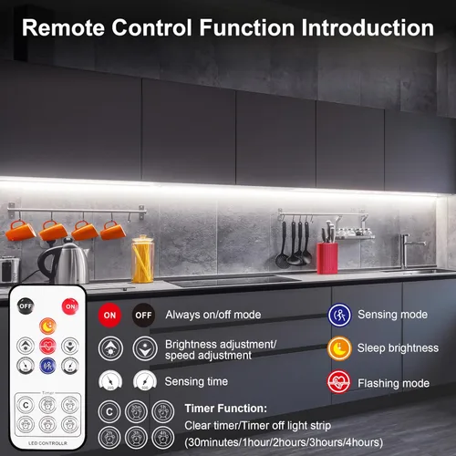 Miniatura 4 de LAFULIT - Kit de iluminación LED para debajo de armario, 10 tiras de luces LED con sensor de movimiento y control remoto, regulables y con Blanco