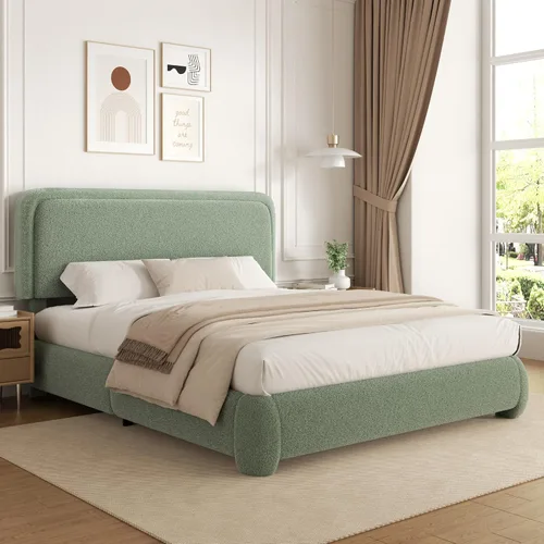 Miniatura 14 de Base de cama de tamaño Full con tapizado de bouclé, plataforma tapizada con cabecera, anticolisión con esquinas redondeadas suaves, no requiere
