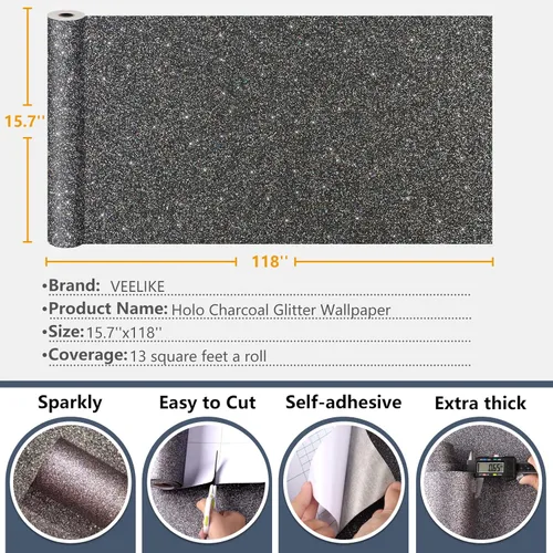 Miniatura 9 de VEELIKE Papel tapiz holográfico color carbón con purpurina de 15.7 x 118 pulgadas, para pegar y despegar, papel de contacto con purpurina extraíble