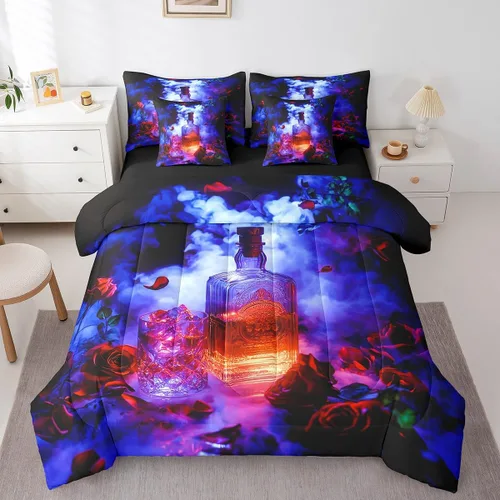 Miniatura 14 de Whisky - Juego de ropa de cama de 7 piezas tamaño individual, cama de vidrio de hielo de whisky en una bolsa para niños, juego de edredón retro