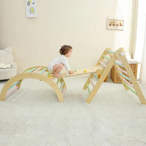Miniatura 3 de Juego de triángulos grandes de Pikler, escalador de madera plegable 7 en 1 con arco, rampa y escalera, gimnasio Montessori para interiores y centro