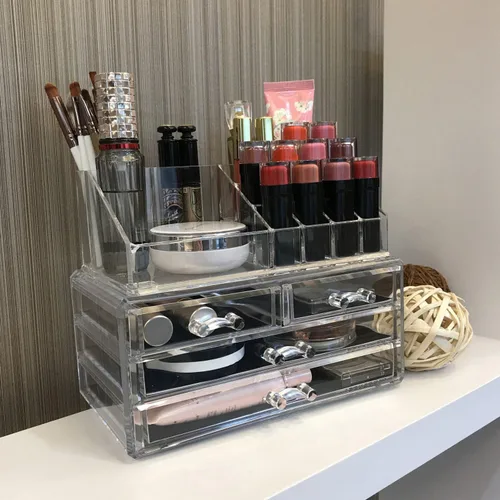 Miniatura 7 de Ikee Design Organizador de maquillaje acrílico con 4 cajones y soportes removibles para lápices labiales en la parte superior, ideal para maquillaje