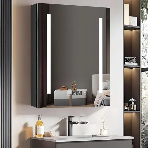 Botiquín de baño con espejo, armario de baño LED de 20 x 26 pulgadas montado en la pared, espejo de tocador de baño con botón táctil, espejo de