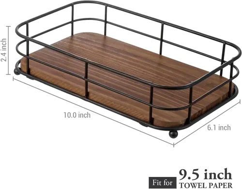 Miniatura 5 de MyGift Toallero de papel plegado para baño, alambre de metal negro mate y madera maciza rústica marrón oscuro, accesorios de baño, bandeja de tocador
