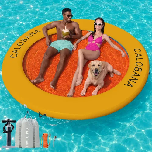 Miniatura 22 de CALOBANA Hamaca de agua inflable redonda flotante, flota lago isla balsa plataforma de muelle inflable para adultos, piscina, río, fiesta en la playa