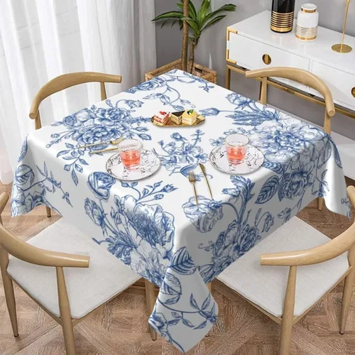 Miniatura 2 de BETGINY - Mantel cuadrado floral azul de 54 x 54 pulgadas, mantel decorativo de estilo chinoiserie con flores, tela rústica lavable para granja