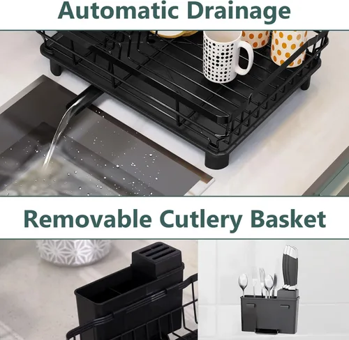 Miniatura 4 de AIDERLY Escurridor de platos de hierro con bandeja de goteo, escurreplatos para encimera de cocina, boquilla extensible con coladores