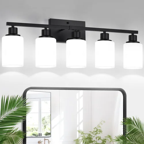 Miniatura 13 de Indoi Lámparas de baño de 4 luces, luces de tocador de níquel cepillado con pantallas de vidrio transparente, moderna lámpara de pared de baño