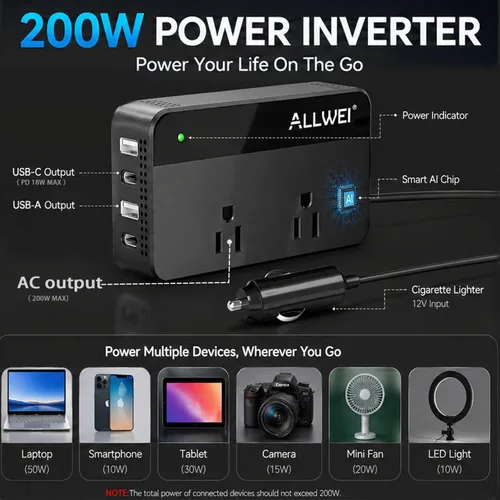 Miniatura 2 de ALLWEI Inversor de corriente para automóvil de 200 W, 12 V CC a 110 V CA inversor de automóvil con 4 puertos USB de carga rápida (2 USB A, 2 USB C)