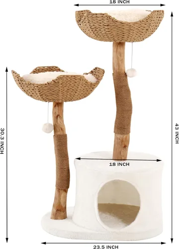 Miniatura 4 de Natural Modern - Torre de árbol para gatos, condominio de madera para gatos con bola colgante, cestas acogedoras, postes rascadores, para gatos