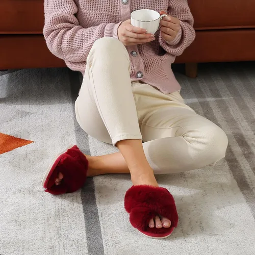 Miniatura 6 de Parlovable Women's Cross Band Slippers Fuzzy Soft House Slippers Plush Furry Warm Cozy Open Toe Fluffy Home Shoes Comfy Indoor Outdoor Slip On