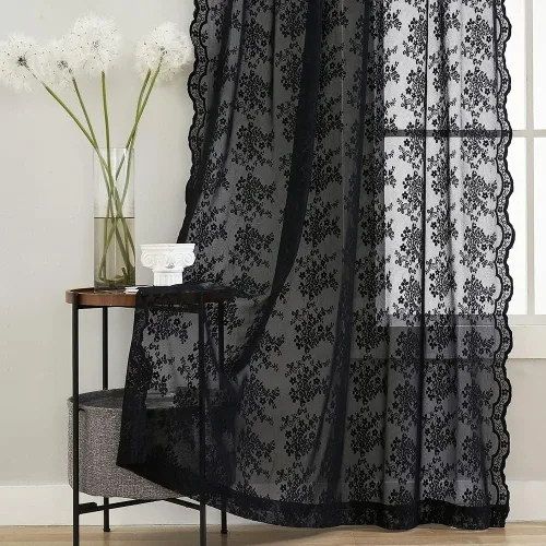 Miniatura 83 de YJ YANJUN Cortinas traslúcidas negras de 54 pulgadas de largo, panel de cortina de encaje gótico victoriano para cocina, cortinas cortas de Negro