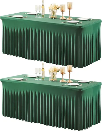 Miniatura 10 de Paquete de 2 manteles color azul bebé para mesa rectangular de 4 pies, manteles de elastano elásticos de 4 pies, falda blanca rectangular para baby