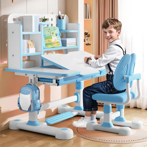Miniatura 16 de Juego de escritorio y silla de altura ajustable para niños con cajón y almacenamiento, mesa y sillas para niños, escritorio de estudio escolar