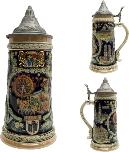 Miniatura 2 de Essence of Europe Gifts OktoberfestHaus - Taza grande de cerveza con tapa de metal, pintada a mano, grabada a mano, con tapa de metal, 1 litro