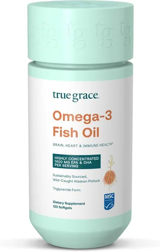 True Grace Aceite de pescado Omega-3 - 120 cápsulas blandas - 1400 mg de EPA + DHA - Salud cerebral, cardíaca, articular e inmunológica - Orgánico,