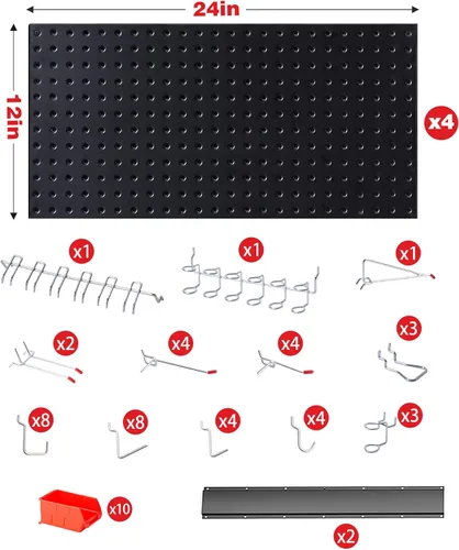 Miniatura 6 de Organizador de pared perforado Ultrawall, paneles de tablero de clavijas de metal negro, sistema de almacenamiento para garaje con ganchos